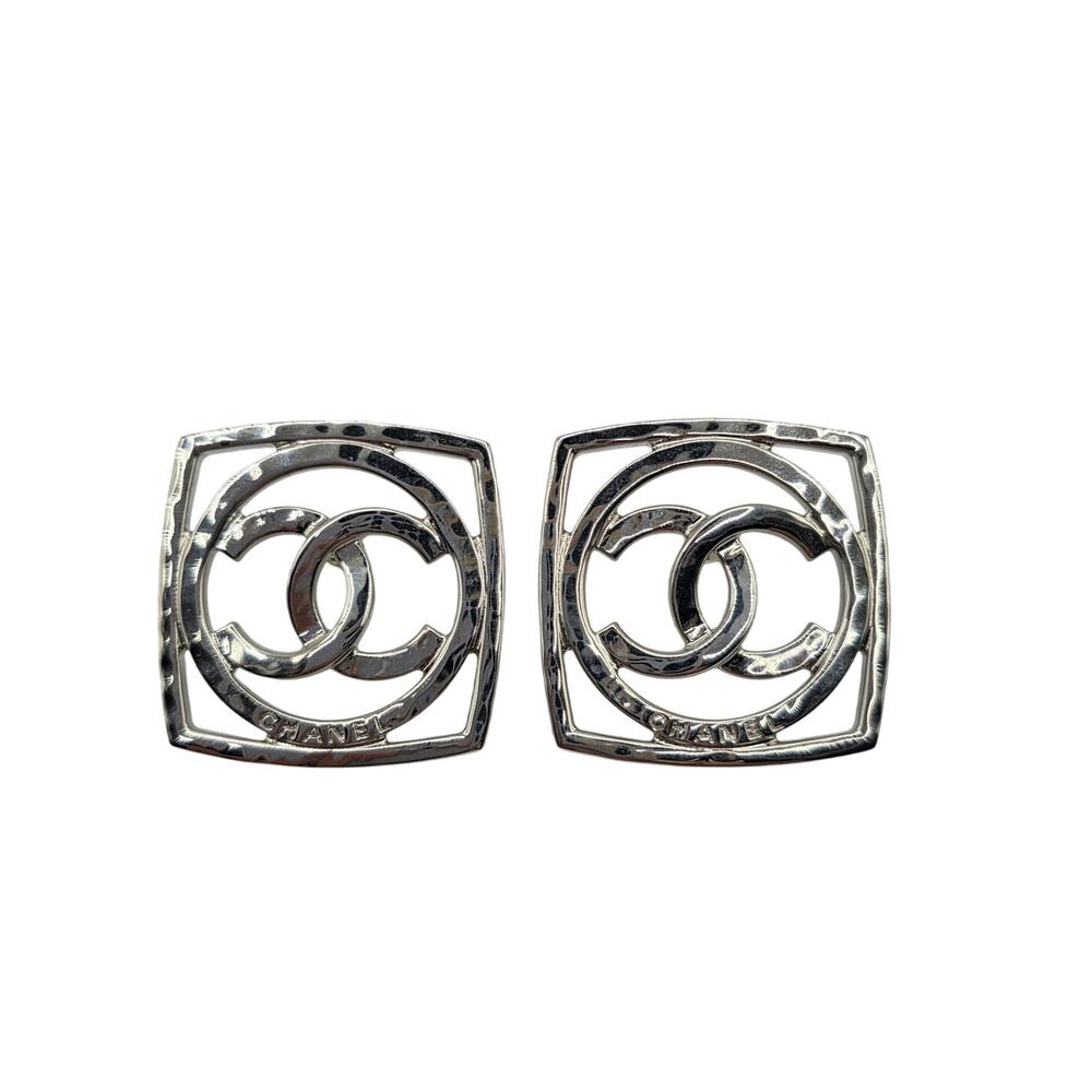 Chanel Silver-Tone Interlocking Cc Square Stud Ea… - image 1